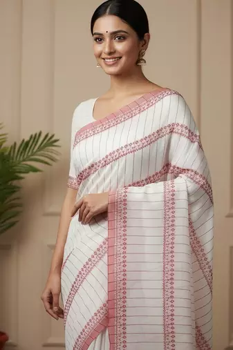 White fancy cotton handloom saree with blouse piece for women