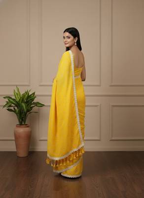 Yellow fancy cotton handloom saree with blouse piece for women 2
