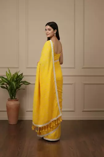 Yellow fancy cotton handloom saree with blouse piece for women