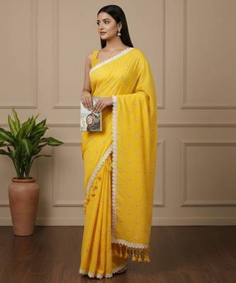 Yellow fancy cotton handloom saree with blouse piece for women 3