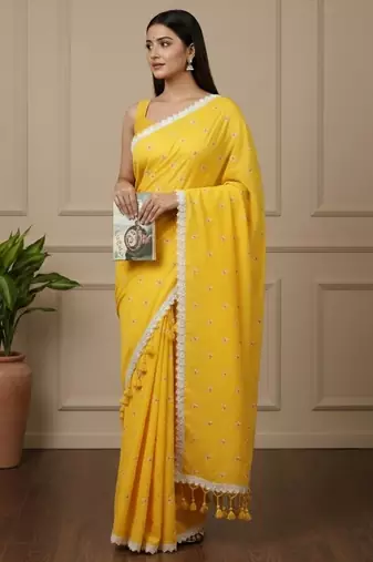 Yellow fancy cotton handloom saree with blouse piece for women