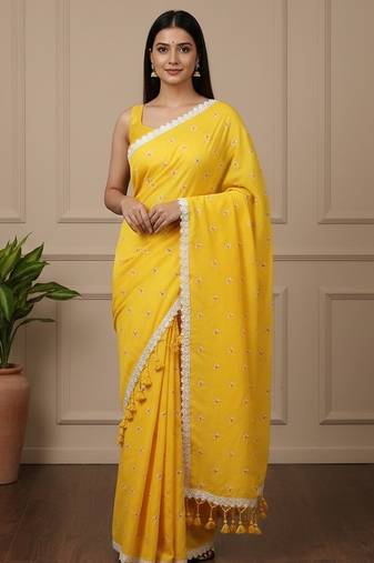 Yellow fancy cotton handloom saree with blouse piece for women