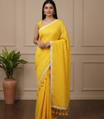 Yellow fancy cotton handloom saree with blouse piece for women