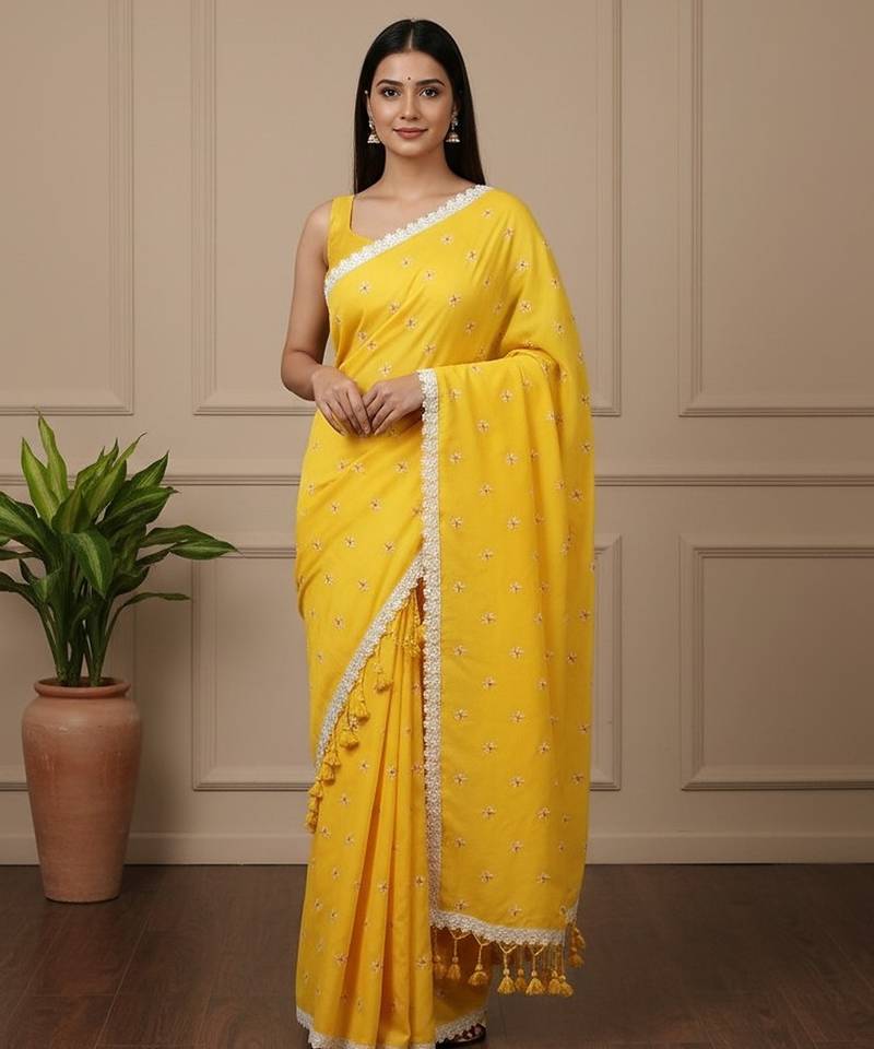 Yellow fancy cotton handloom saree with blouse piece for women