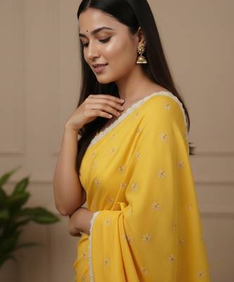 Yellow fancy cotton handloom saree with blouse piece for women 4