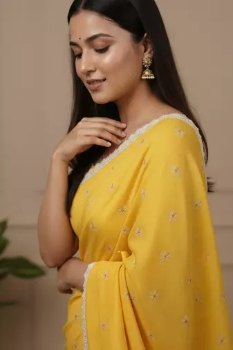 Yellow fancy cotton handloom saree with blouse piece for women