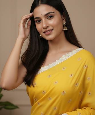 Yellow fancy cotton handloom saree with blouse piece for women 5