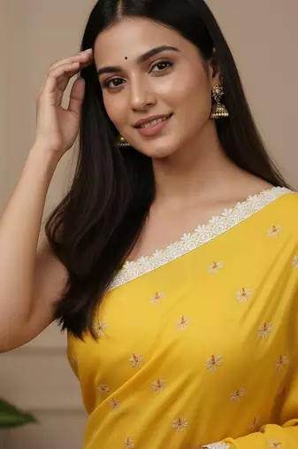 Yellow fancy cotton handloom saree with blouse piece for women