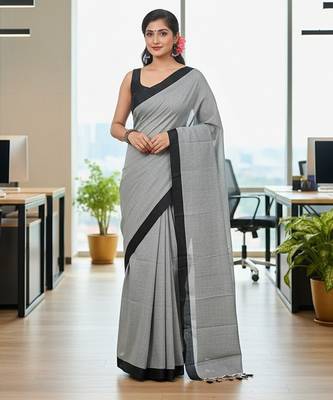 Grey fancy cotton handloom saree with blouse piece for women 1