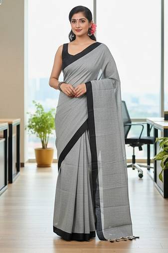 Grey fancy cotton handloom saree with blouse piece for women