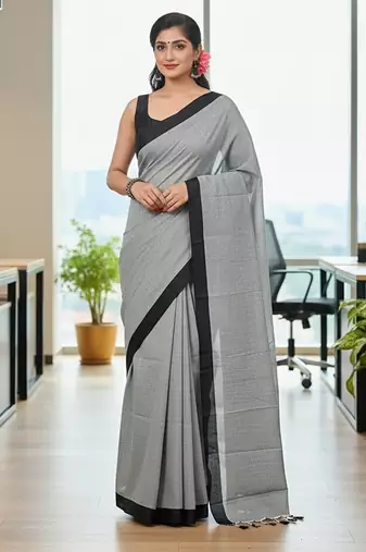 Grey fancy cotton handloom saree with blouse piece for women