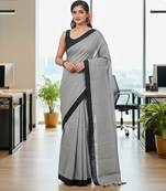 Grey fancy cotton handloom saree with blouse piece for women