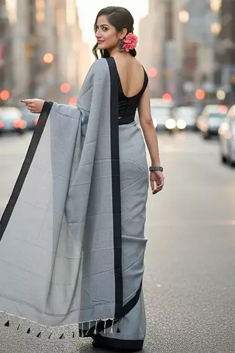 Grey fancy cotton handloom saree with blouse piece for women