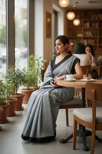 Grey fancy cotton handloom saree with blouse piece for women