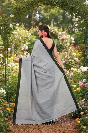 Grey fancy cotton handloom saree with blouse piece for women