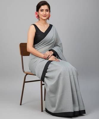 Grey fancy cotton handloom saree with blouse piece for women 5