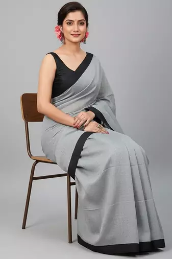 Grey fancy cotton handloom saree with blouse piece for women