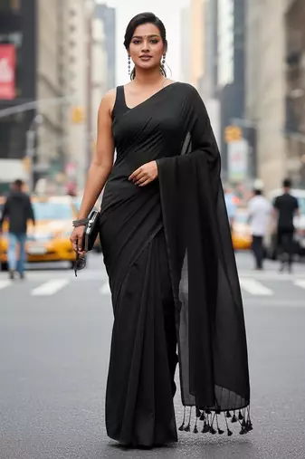 Black fancy cotton handloom saree with blouse piece for women