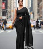 Black fancy cotton handloom saree with blouse piece for women