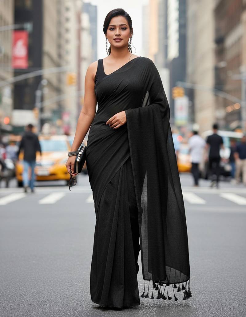 Black fancy cotton handloom saree with blouse piece for women