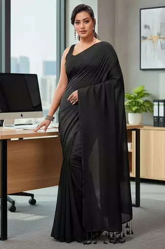 Black fancy cotton handloom saree with blouse piece for women
