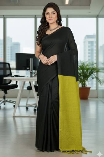 Black & yellow fancy cotton handloom saree with blouse piece for women