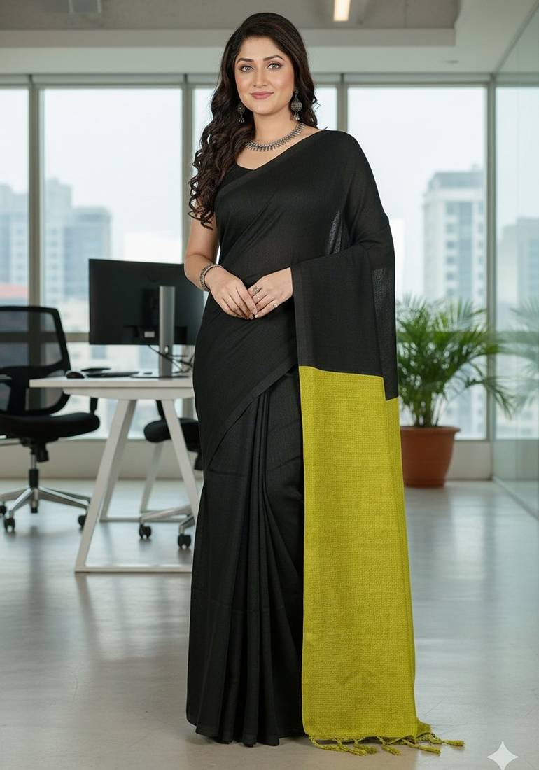 Black & yellow fancy cotton handloom saree with blouse piece for women