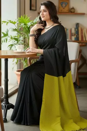 Black & yellow fancy cotton handloom saree with blouse piece for women