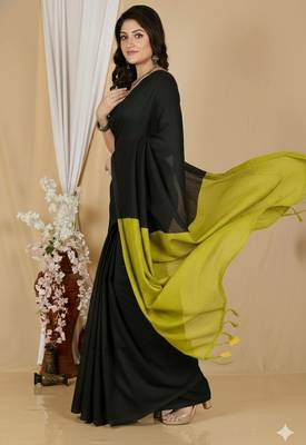 Black & yellow fancy cotton handloom saree with blouse piece for women 3