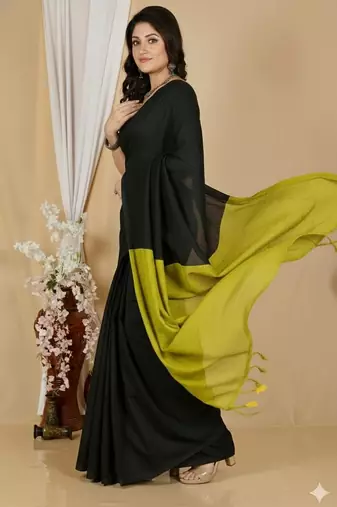 Black & yellow fancy cotton handloom saree with blouse piece for women