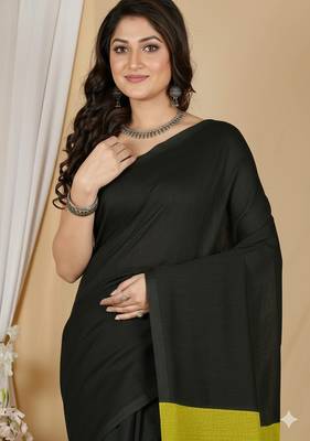 Black & yellow fancy cotton handloom saree with blouse piece for women 4