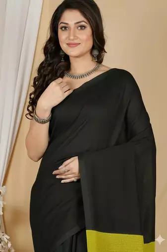 Black & yellow fancy cotton handloom saree with blouse piece for women
