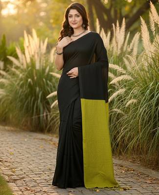 Black & yellow fancy cotton handloom saree with blouse piece for women 5