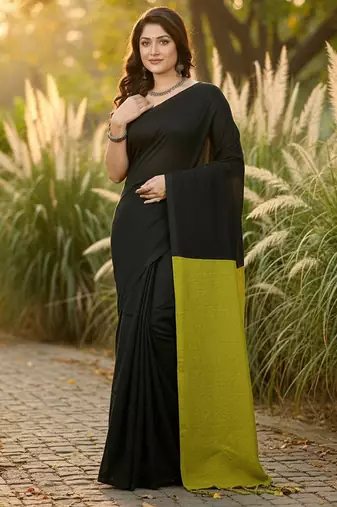 Black & yellow fancy cotton handloom saree with blouse piece for women
