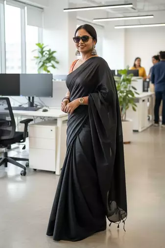 Black fancy cotton handloom saree with blouse piece for women