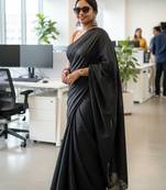 Black fancy cotton handloom saree with blouse piece for women