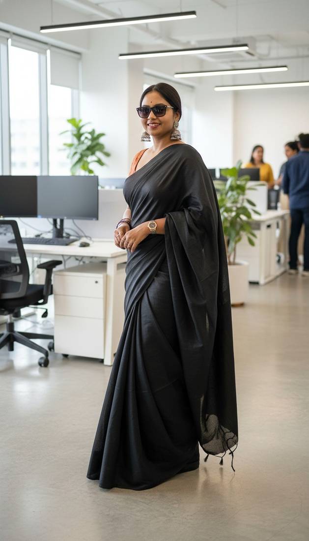 Black fancy cotton handloom saree with blouse piece for women