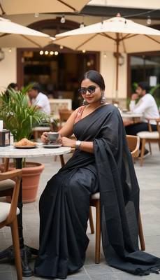 Black fancy cotton handloom saree with blouse piece for women 2