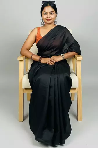 Black fancy cotton handloom saree with blouse piece for women