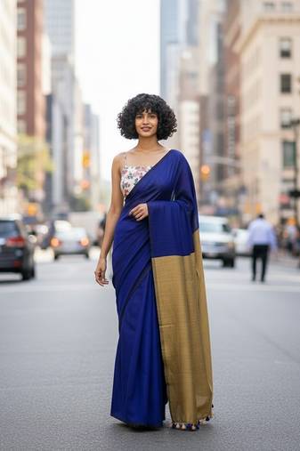Blue & golden fancy cotton handloom saree with blouse piece for women