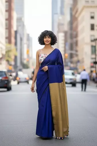 Blue & golden fancy cotton handloom saree with blouse piece for women