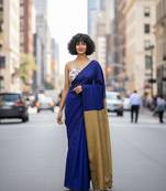 Blue & golden fancy cotton handloom saree with blouse piece for women
