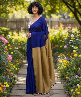 Blue & golden fancy cotton handloom saree with blouse piece for women 3