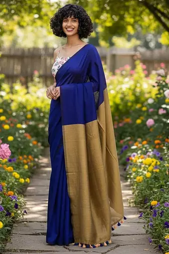 Blue & golden fancy cotton handloom saree with blouse piece for women