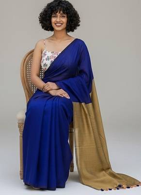 Blue & golden fancy cotton handloom saree with blouse piece for women 4