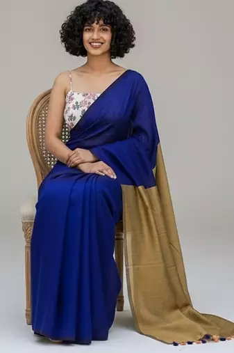 Blue & golden fancy cotton handloom saree with blouse piece for women