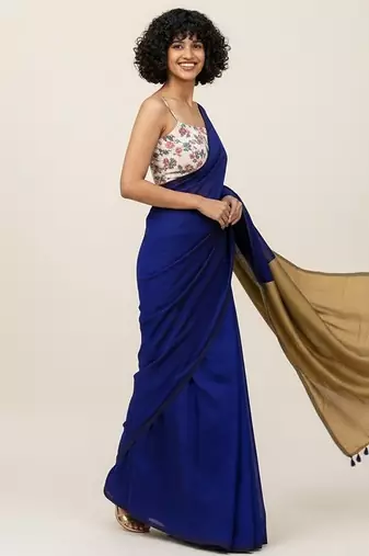 Blue & golden fancy cotton handloom saree with blouse piece for women