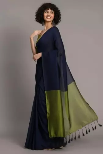Blue & green fancy cotton handloom saree with blouse piece for women