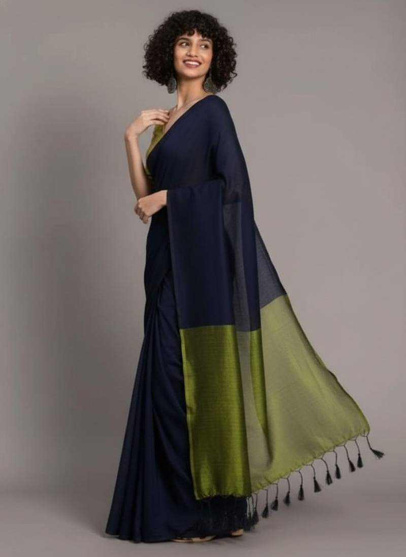Blue & green fancy cotton handloom saree with blouse piece for women