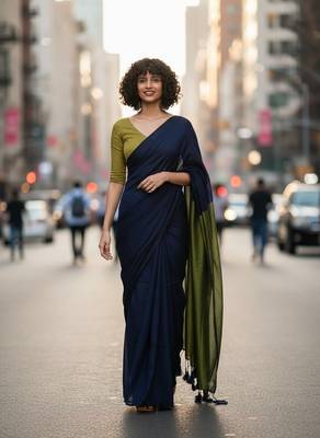 Blue & green fancy cotton handloom saree with blouse piece for women 2